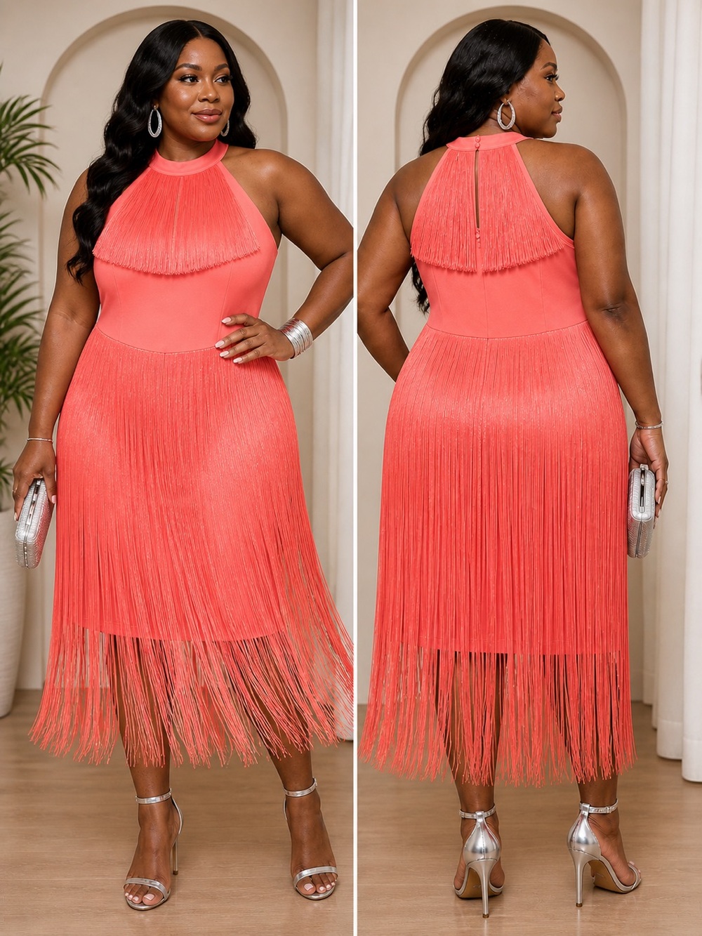 Ashley Stewart Coral Fringe Halter Midi Dress